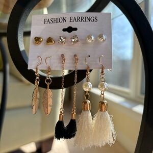 Earring Set Gold Tone with Black and Cream Tassels and Pearl Drops